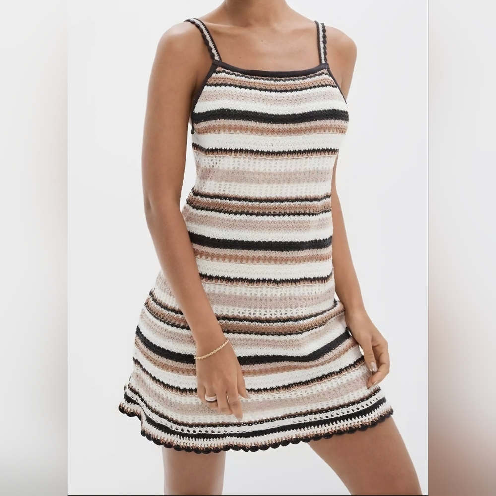 American Eagle Striped Crochet Tank Dress in Cream and Brown